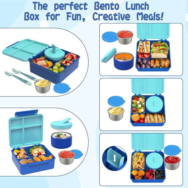 Aimsnk Kids Bento Lunch Box with 8oz Soup Thermo, Kids Leakproof Lunch Food Containers with 4 Compartment,Insulated Hot Food Jar with Lunch Bag for School, Travel (Blue) - Image 3